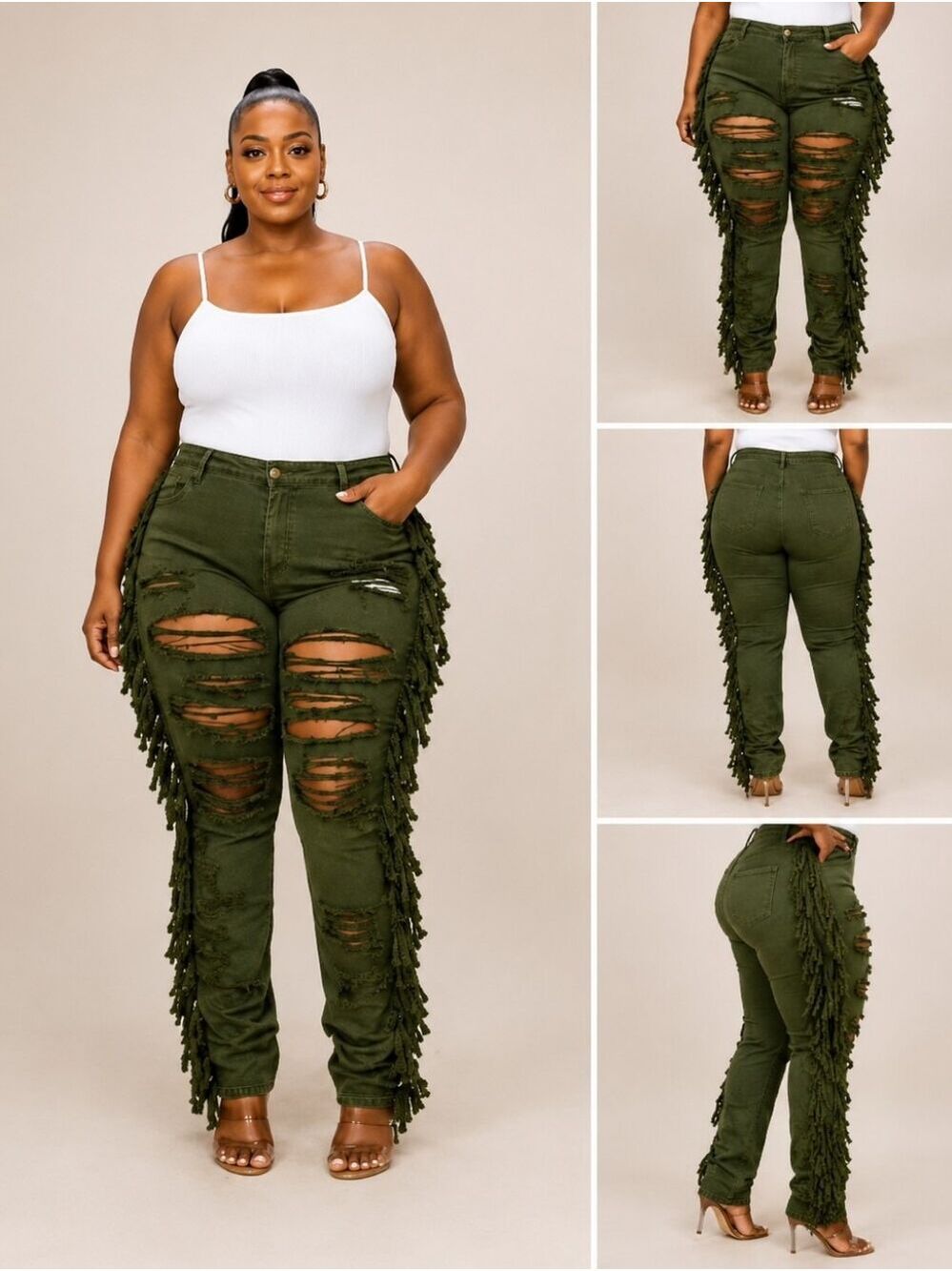 M.A.P Olive Green Distressed Tassel Jeans | Size 3X | Statement Fringe Denim